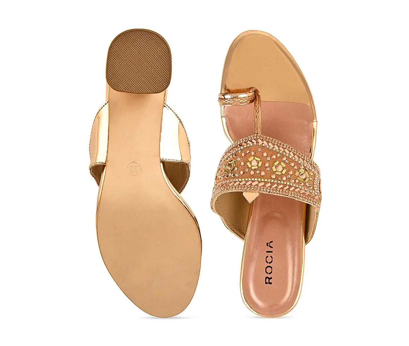 Buy ROCIA by Regal Antique Gold Women Diamond Studded Slip On Block Heels  at Amazon.in