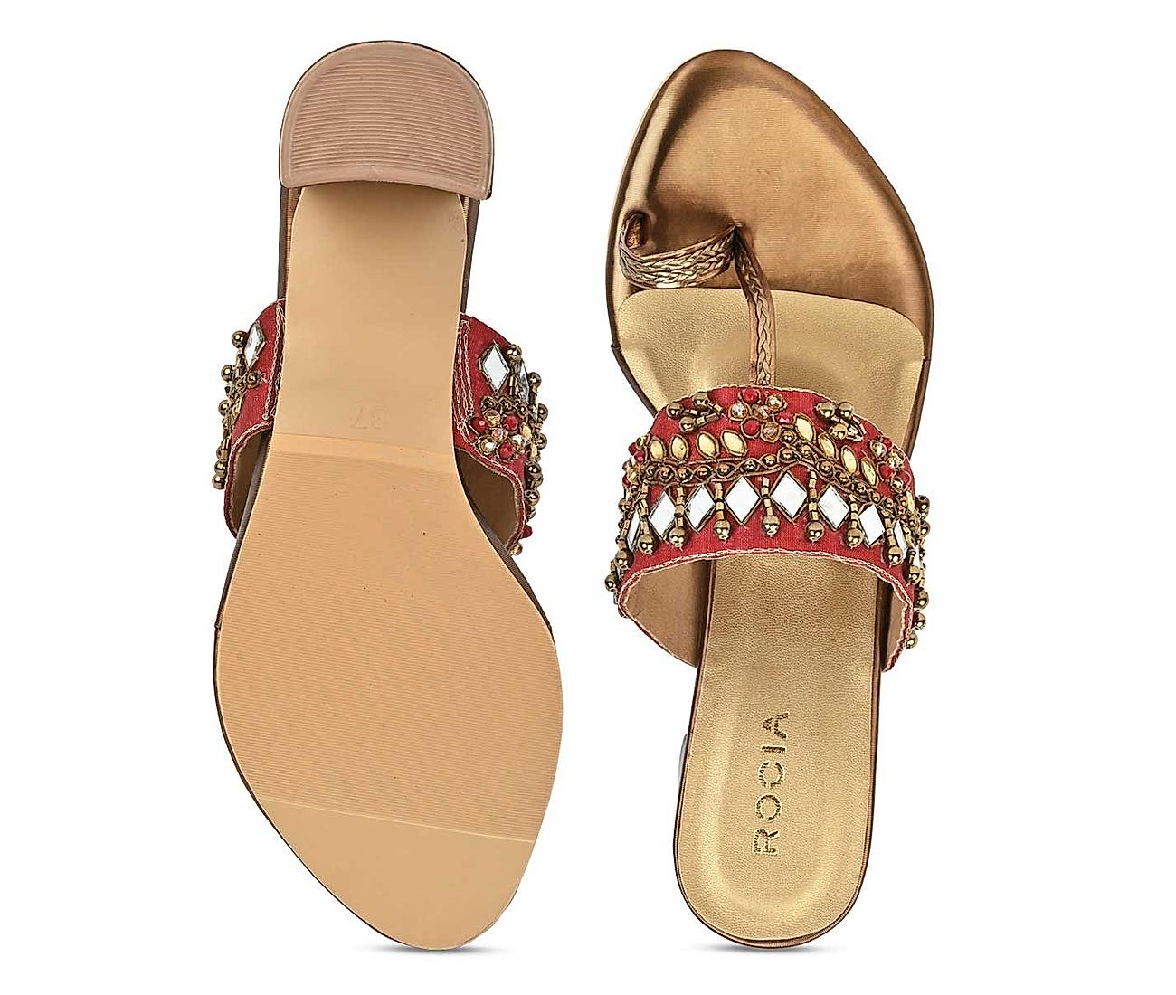 Handcrafted Flat Sandals with Traditional Beaded & Golden Zari Work De