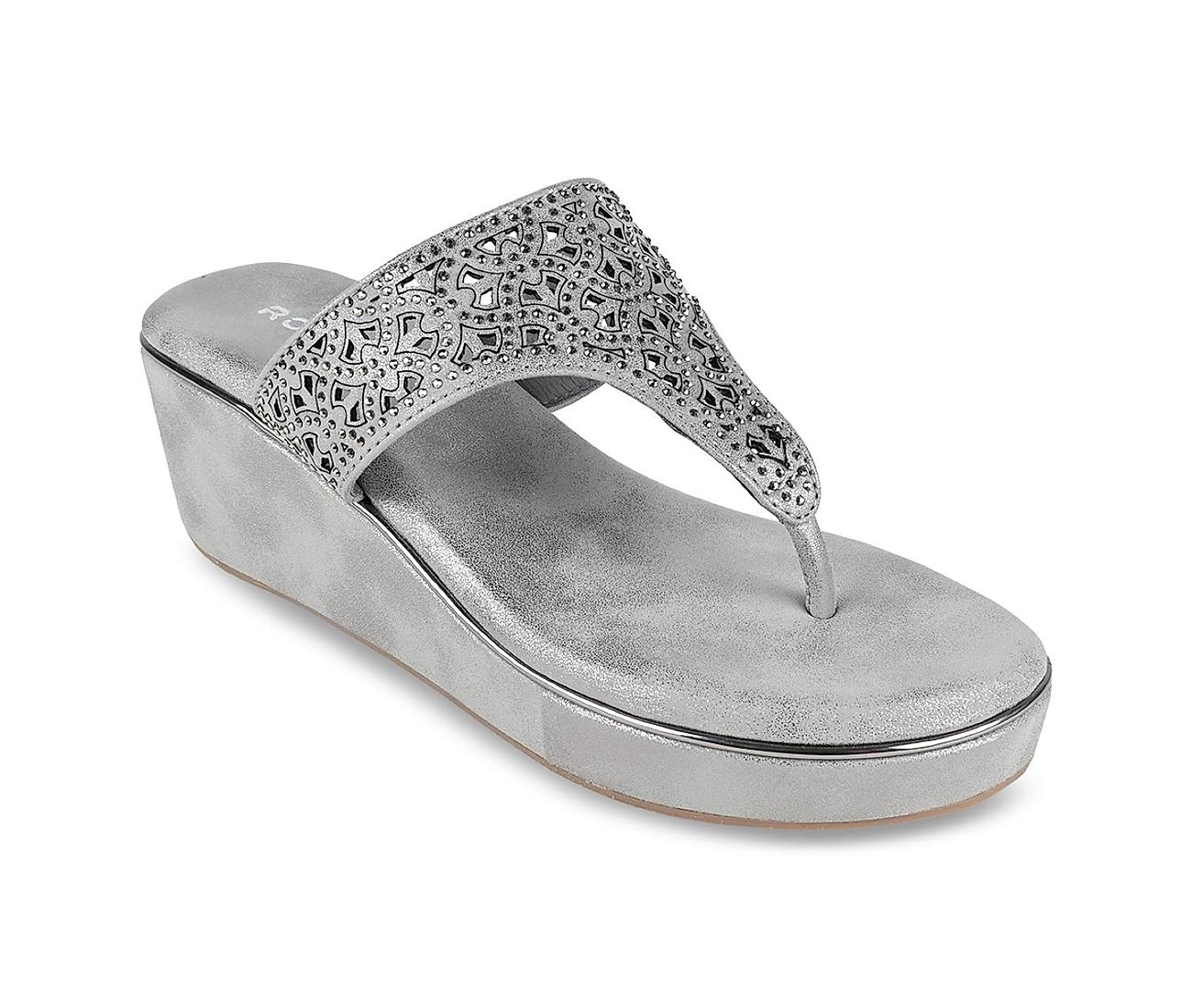 Buy Rocia Grey Women Laser Cut Stone Studded Wedges Online at