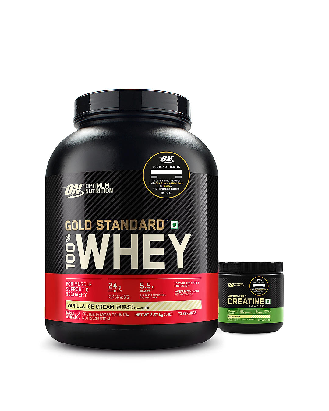 Gold Standard 100% Whey Protein Powder | Vanilla Ice Cream | 5 lbs and Micronised Creatine Powder | Unflavoured | 250 g