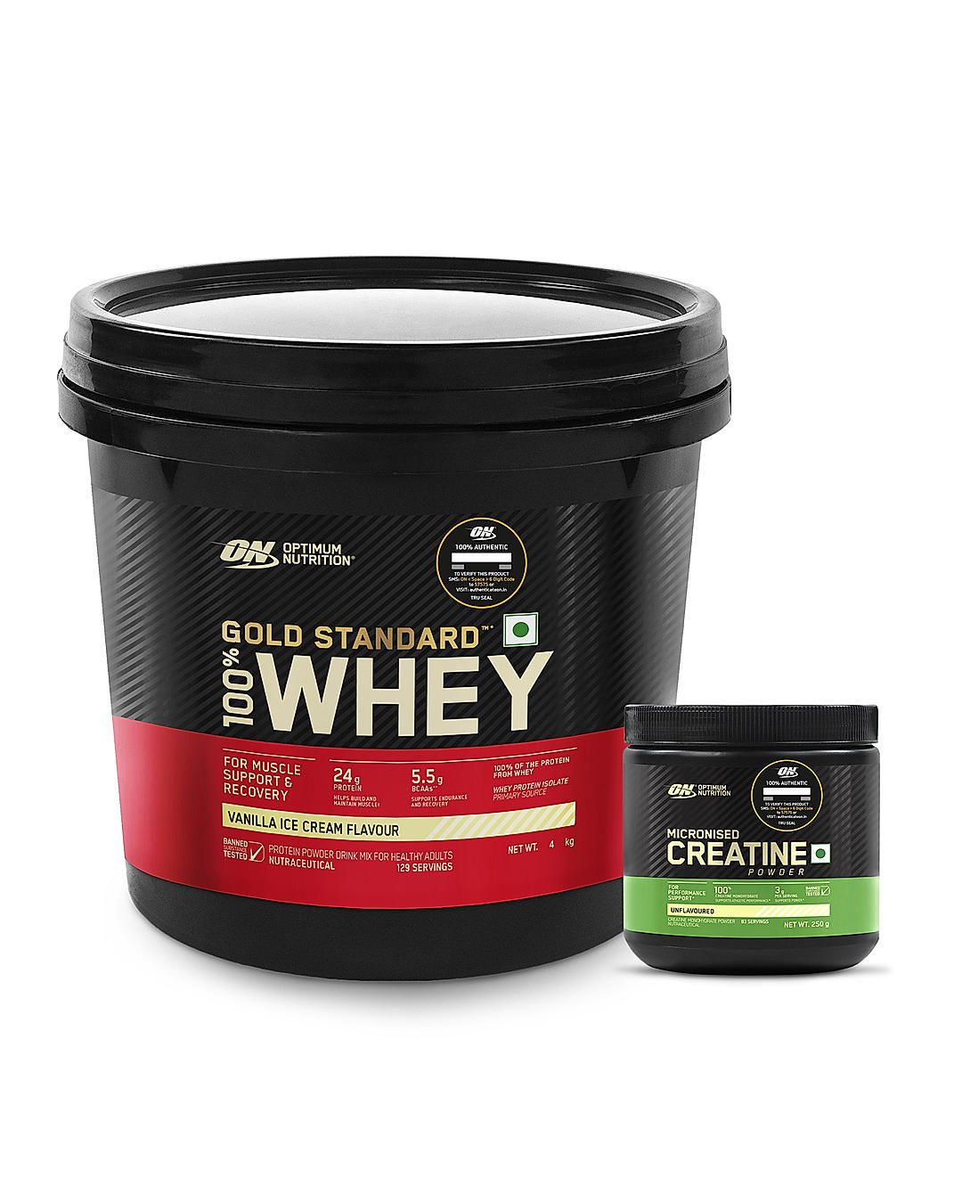 Gold Standard 100% Whey Protein Powder | Vanilla Ice Cream | 4 kg and Micronised Creatine Powder | Unflavoured | 250 g