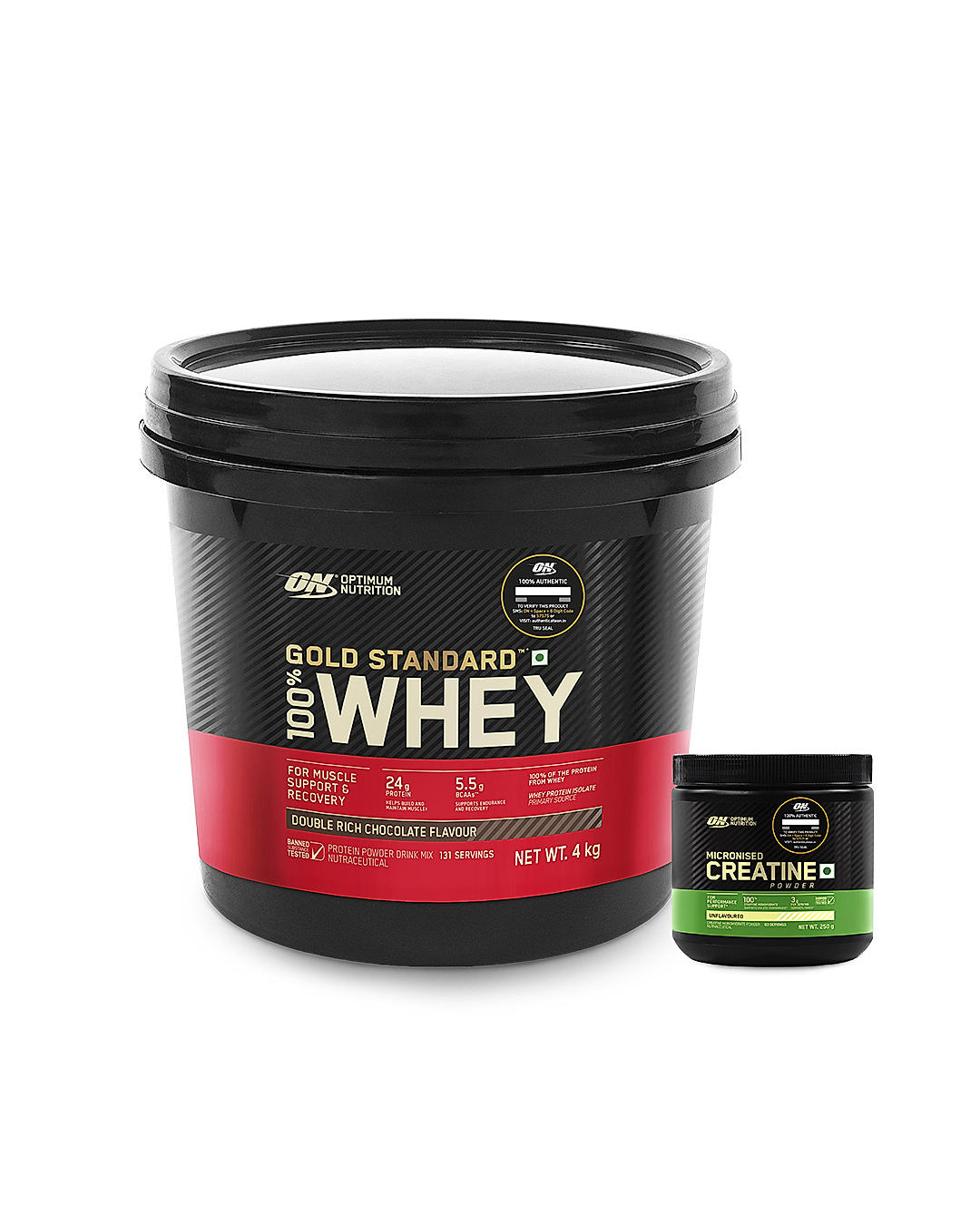 Gold Standard 100% Whey Protein Powder | Double Rich Chocolate | 4 kg and Micronised Creatine Powder | Unflavoured | 250 g