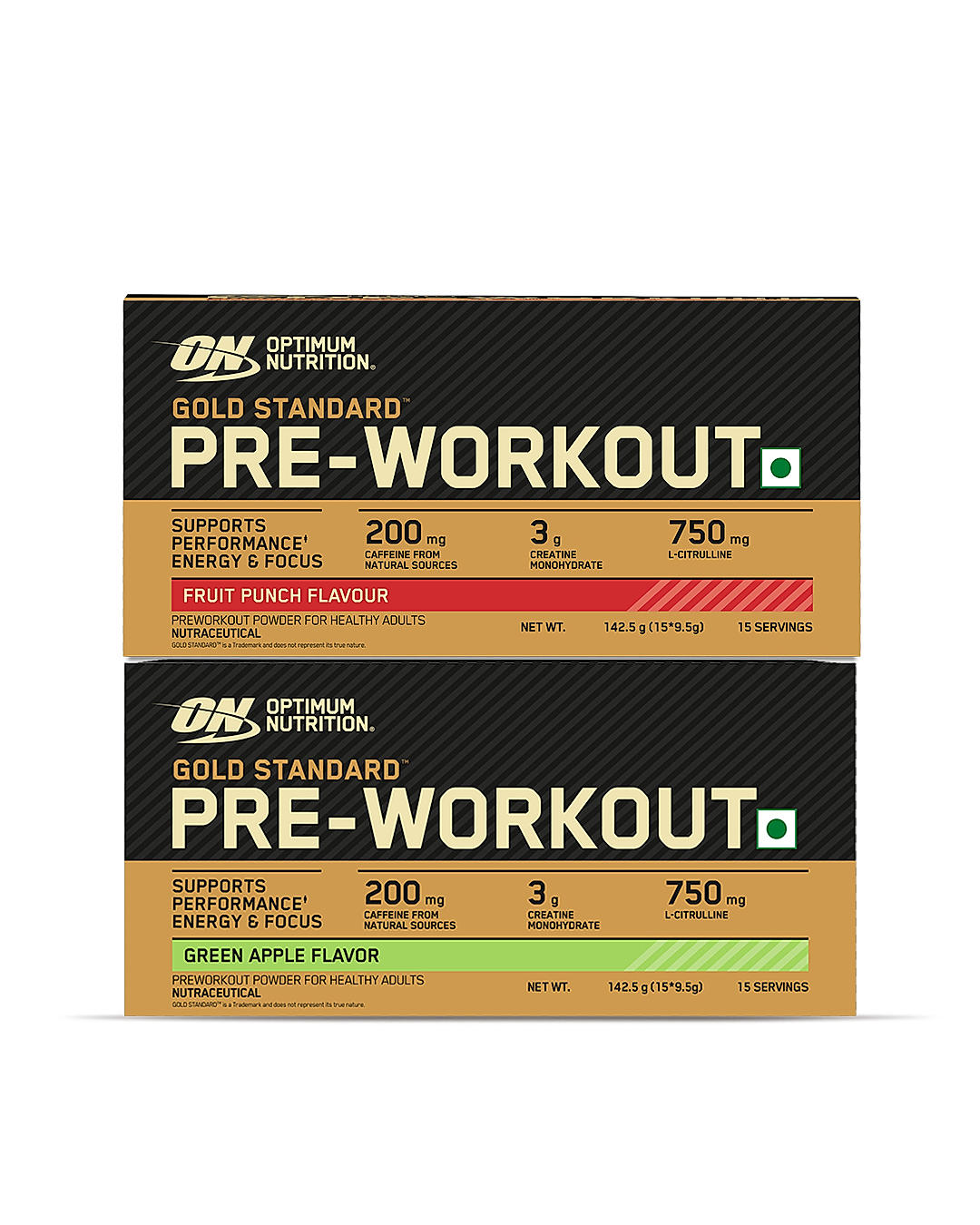 Optimum Nutrition (ON) Gold Standard Pre-Workout- 142.5g/15 single serve packs (Fruit Punch Flavor), For Energy, Focus, Power, Endurance & Performance and Optimum Nutrition Gold Standard Pre-Workout- 142.5g/15 single serve packs (Green Apple Flavor)