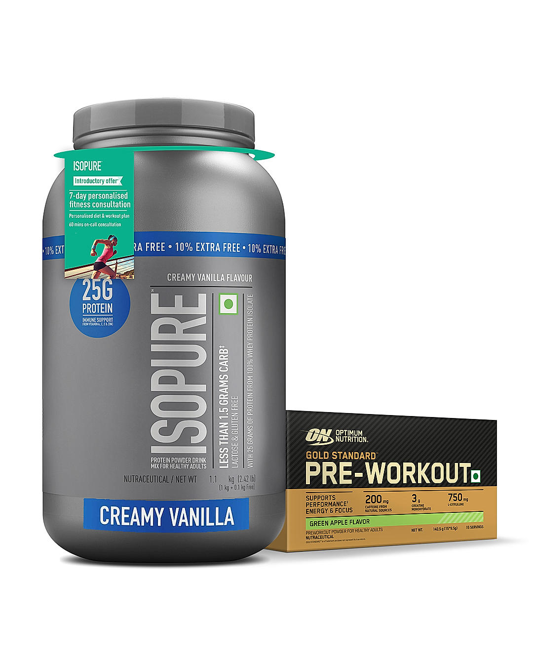 Isopure - Creamy Vanilla- 1Kg (Immune Support, Biotine) + 10% Extra Free and Optimum Nutrition (ON) Gold Standard Pre-Workout- 142.5g/15 single serve packs (Green Apple Flavor), For Energy, Focus, Power, Endurance & Performance