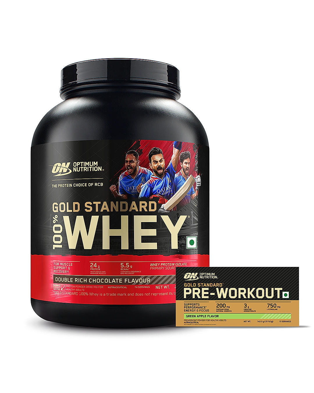 Gold Standard 100% Whey Protein Powder | Double Rich Chocolate | 5 lbs and Optimum Nutrition (ON) Gold Standard Pre-Workout- 142.5g/15 single serve packs (Green Apple Flavor), For Energy, Focus, Power, Endurance & Performance