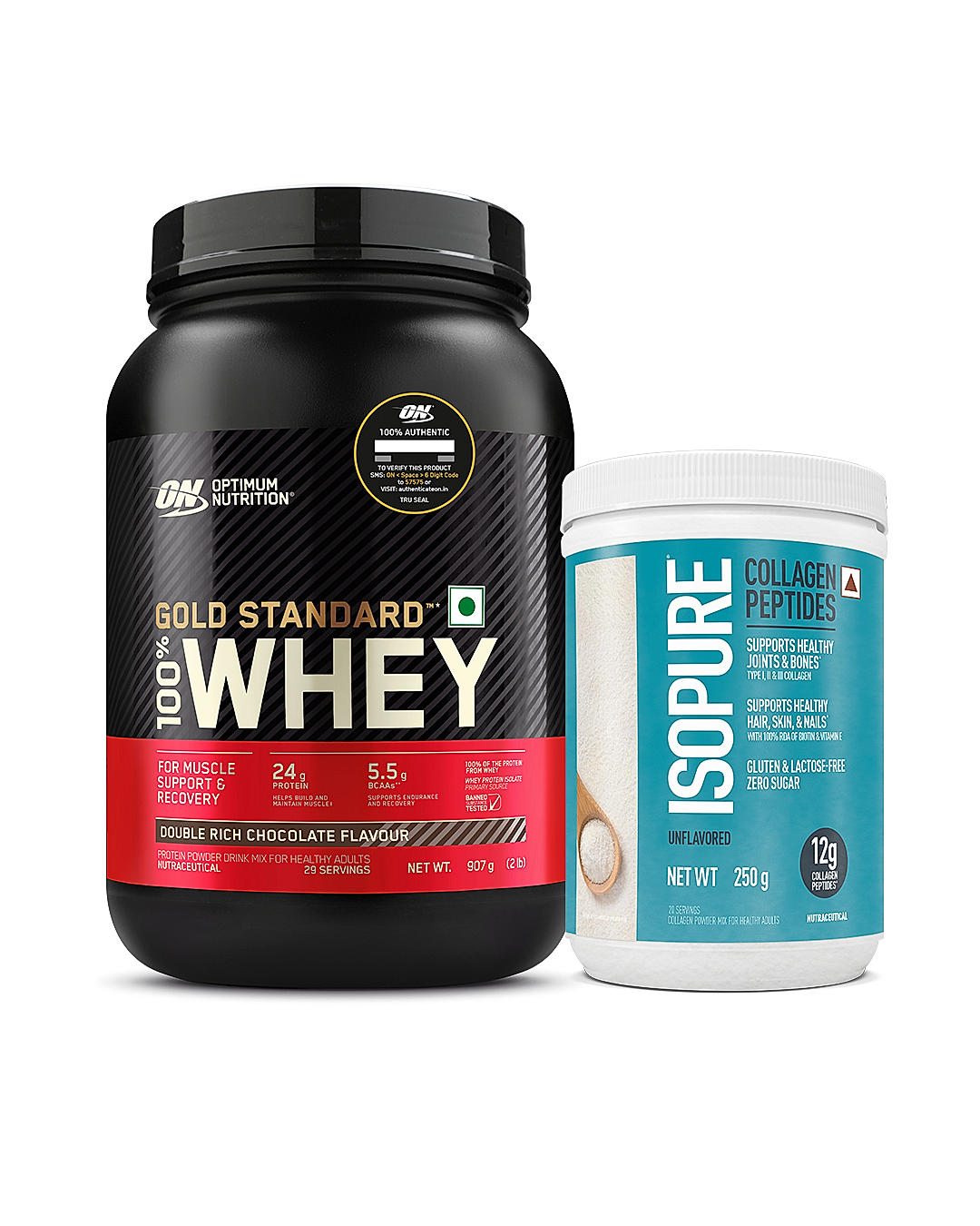 Gold Standard 100% Whey Protein Powder  Double Rich Chocolate 2 lbs + Isopure Collagen Peptides 250g