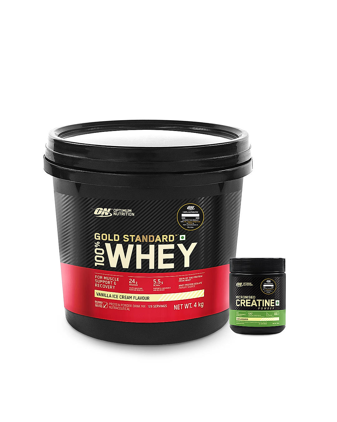 Gold Standard 100% Whey Protein Powder | Vanilla Ice Cream | 4 kg and Micronized Creatine Powder | Unflavoured|100 g