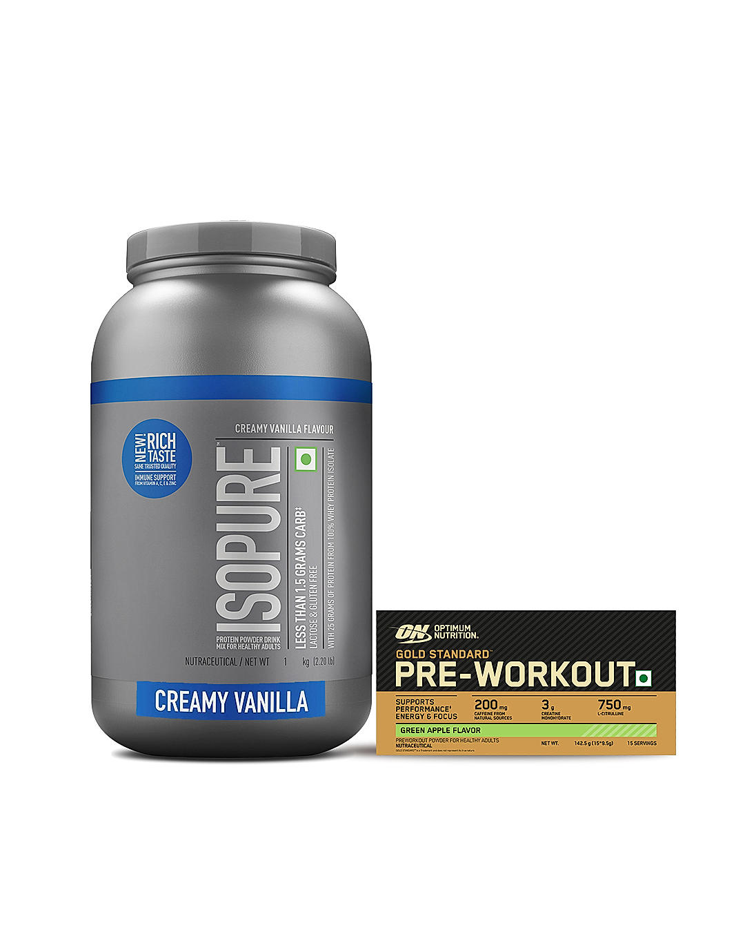 Isopure Whey Protein Isolate Powder with Vitamins for Immune Support |Creamy Vanilla | 1 Kg and Optimum Nutrition (ON) Gold Standard Pre-Workout- 142.5g/15 single serve packs (Green Apple Flavor), For Energy, Focus, Power, Endurance & Performance