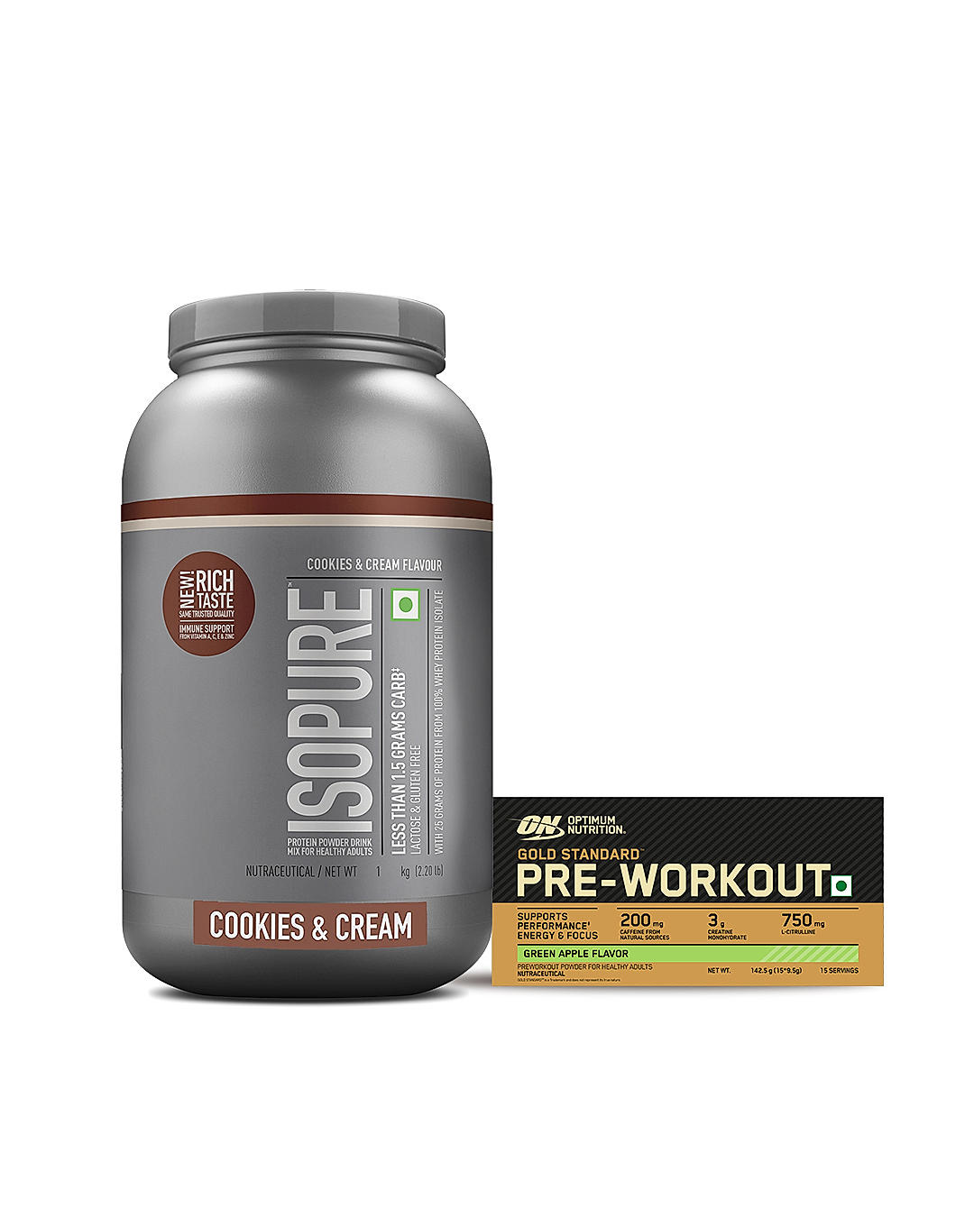 Isopure Whey Protein Isolate Powder with Vitamins for Immune Support |Cookies & Cream | 1 Kg and Optimum Nutrition (ON) Gold Standard Pre-Workout- 142.5g/15 single serve packs (Green Apple Flavor), For Energy, Focus, Power, Endurance & Performance