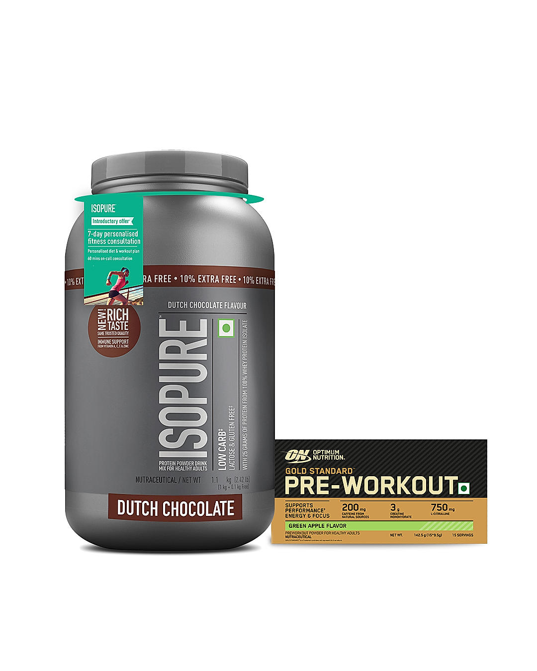 Isopure - Dutch Chocolate- 1Kg (Immune Support, Biotine) + 10% Extra Free and Optimum Nutrition (ON) Gold Standard Pre-Workout- 142.5g/15 single serve packs (Green Apple Flavor), For Energy, Focus, Power, Endurance & Performance