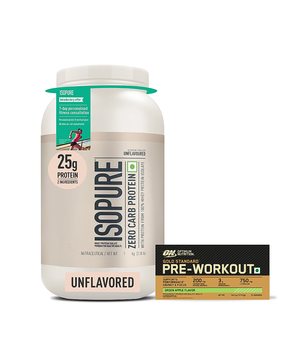 Isopure Zero Carb Protein– 2.20 lbs, 1 kg (Unflavoured) and Optimum Nutrition (ON) Gold Standard Pre-Workout- 142.5g/15 single serve packs (Green Apple Flavor), For Energy, Focus, Power, Endurance & Performance