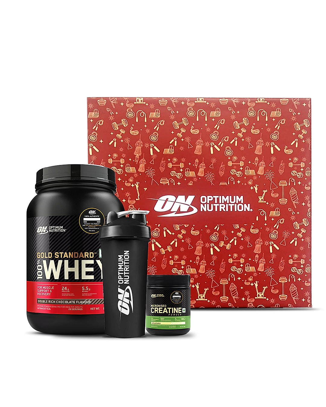 Gains Pro Gift Box - Gold -  Standard 100% Whey Protein Powder Double Rich Chocolate 2 lb + Creatine 100 gm + Free Optimum Nutrition Festive Shaker