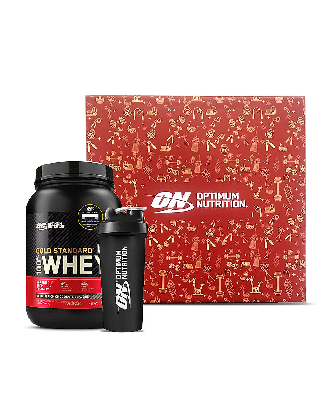 Lean Pro Gift Box - Gold Standard 100% Whey Protein Powder Double Rich Chocolate 2 lb + Free Optimum Nutrition Festive Shaker 