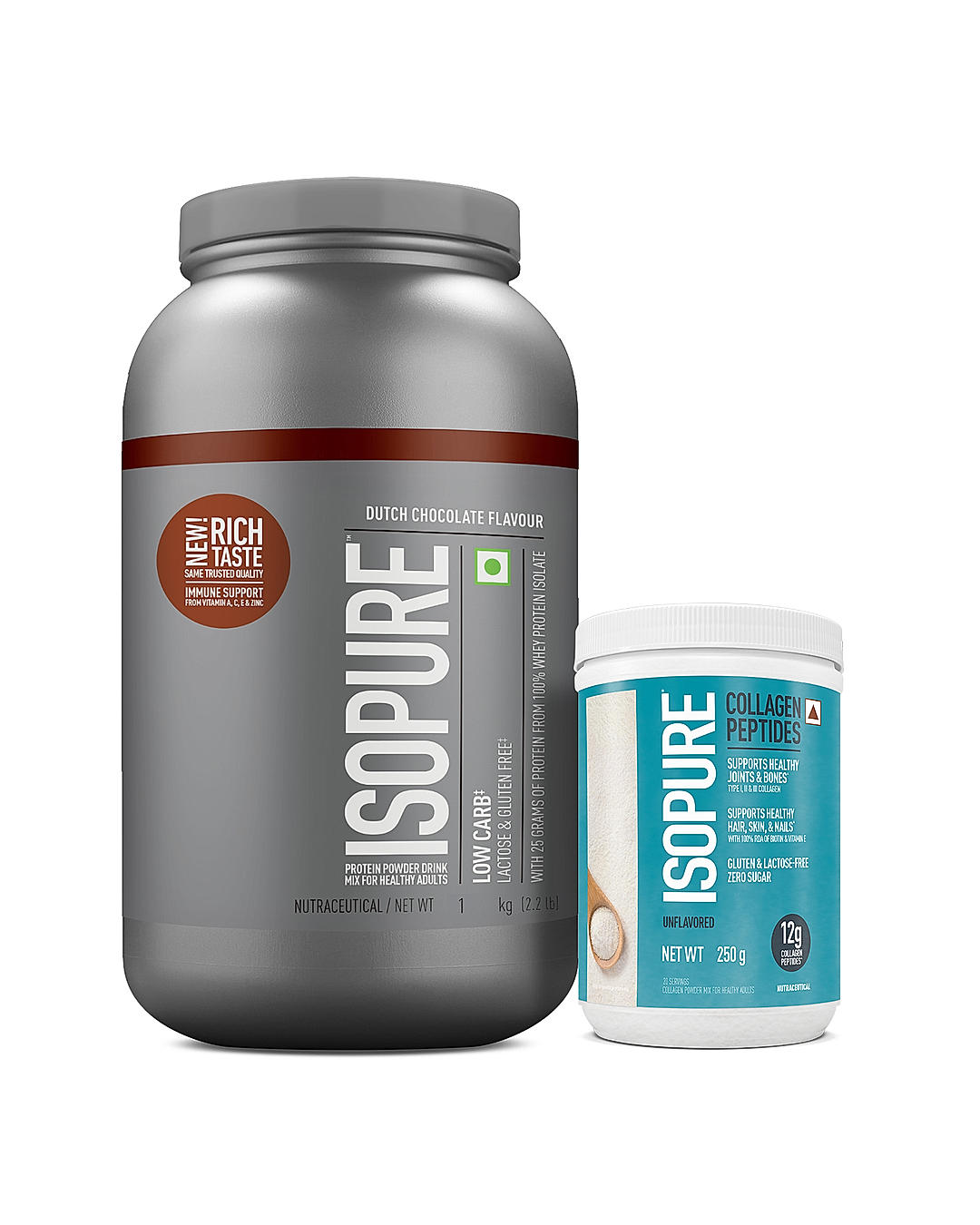 Isopure Low Carb Whey Protein Isolate Powder | Dutch Chocolate | 1 Kg + Isopure Collagen Peptides (12g/serve) with Type I,II & III Collagen (Unflavoured)- 250g