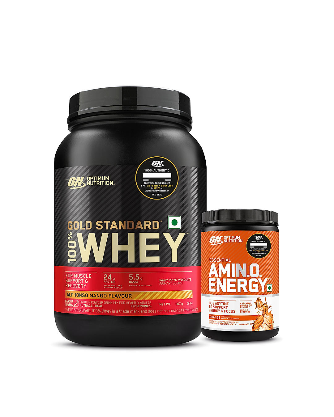 Limited Edition Optimum Nutrition (ON) Gold Standard 100% Whey Protein Powder 2 lb, 907g (Alphonso Mango) and Essential Amin.O. Energy | Orange | 270 g