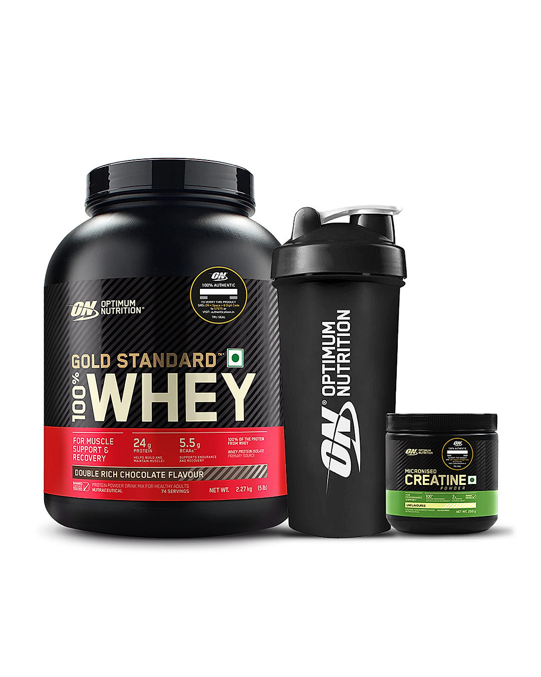 Muscle Gain Mega Combo - Gold Standard 100% Whey Protein Powder Double Rich Chocolate 5 lbs + Creatine 250 gm + Free Optimum Nutrition Festive Shaker