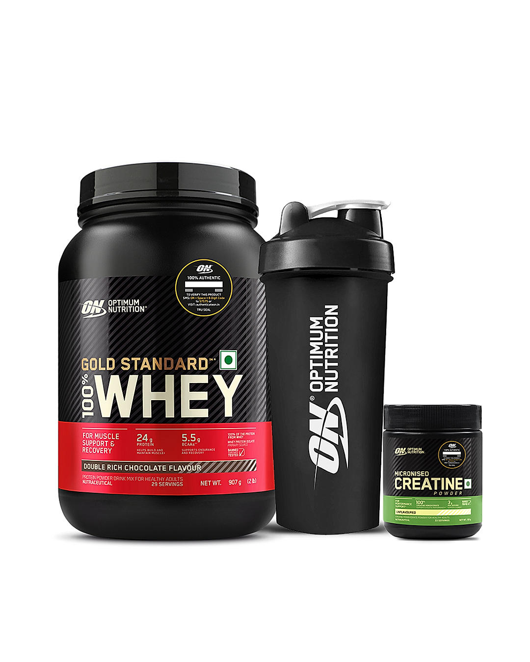 Muscle Gain Mini Combo - Gold Standard 100% Whey Protein Powder  Double Rich Chocolate 2 lb + Creatine 100 gm + Free Optimum Nutrition Shaker