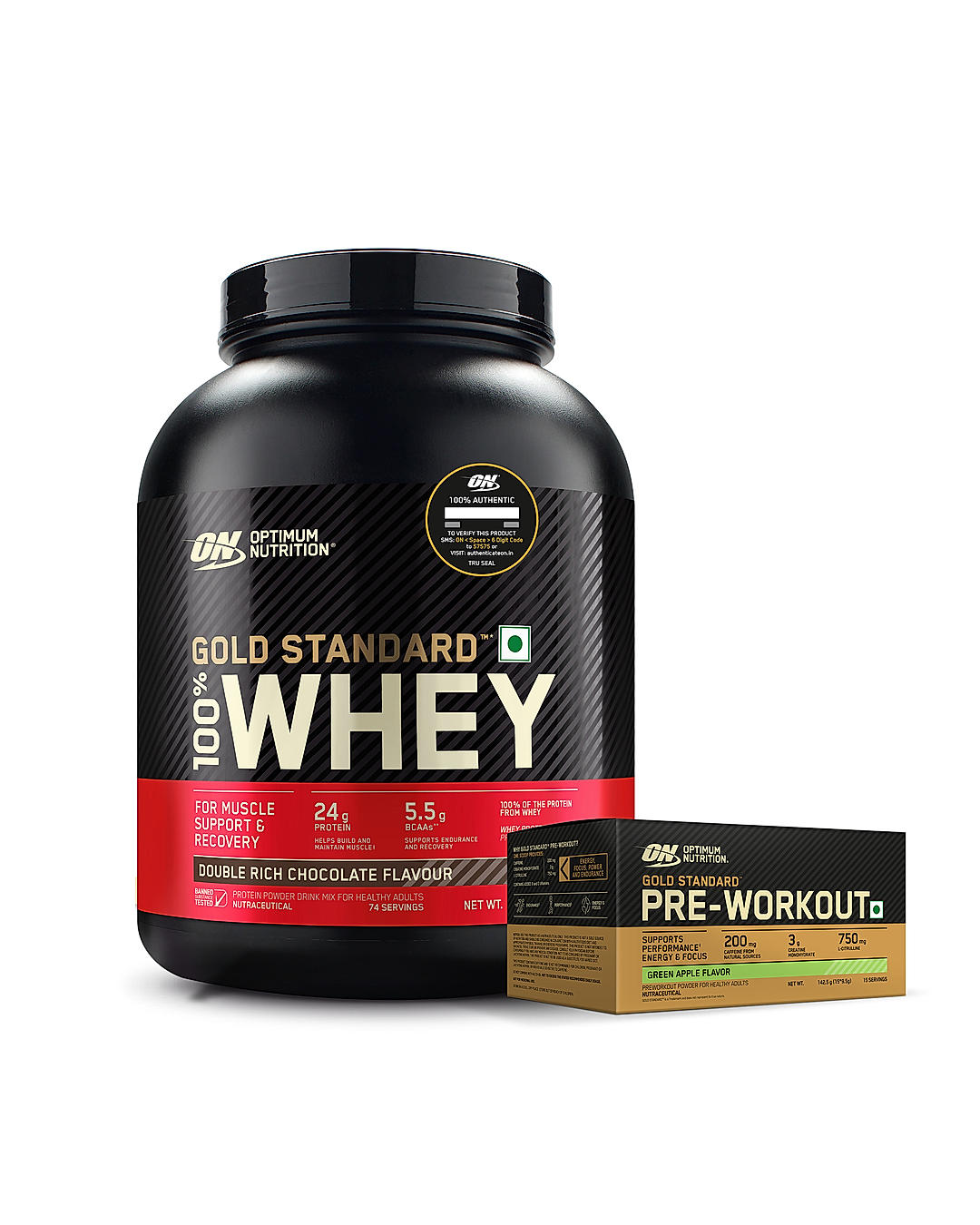 Gold Standard 100% Whey Protein Powder | Double Rich Chocolate | 5 lbs and Optimum Nutrition (ON) Gold Standard Pre-Workout- 142.5g/15 single serve packs (Green Apple Flavor), For Energy, Focus, Power, Endurance & Performance