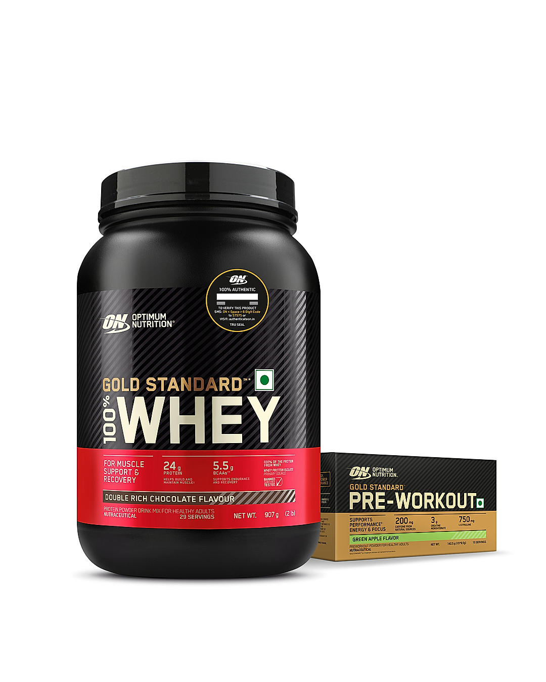 Optimum Nutrition (ON) Gold Standard Pre-Workout- 142.5g/15 single serve packs (Green Apple Flavor), For Energy, Focus, Power, Endurance & Performance and Gold Standard 100% Whey Protein Powder | Double Rich Chocolate | 2 lbs