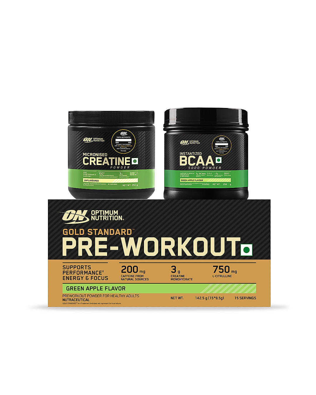 Micronised Creatine Powder | Unflavoured | 250 g and BCAA 5000 Powder | Green Apple | 250 g and Optimum Nutrition (ON) Gold Standard Pre-Workout- 142.5g/15 single serve packs (Green Apple Flavor), For Energy, Focus, Power, Endurance & Performance