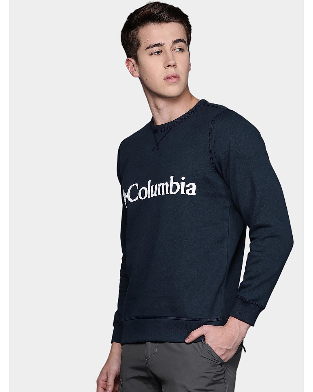 Columbia Mens Navy UPF 50 M Columbia Logo Fleece Crew Pullover