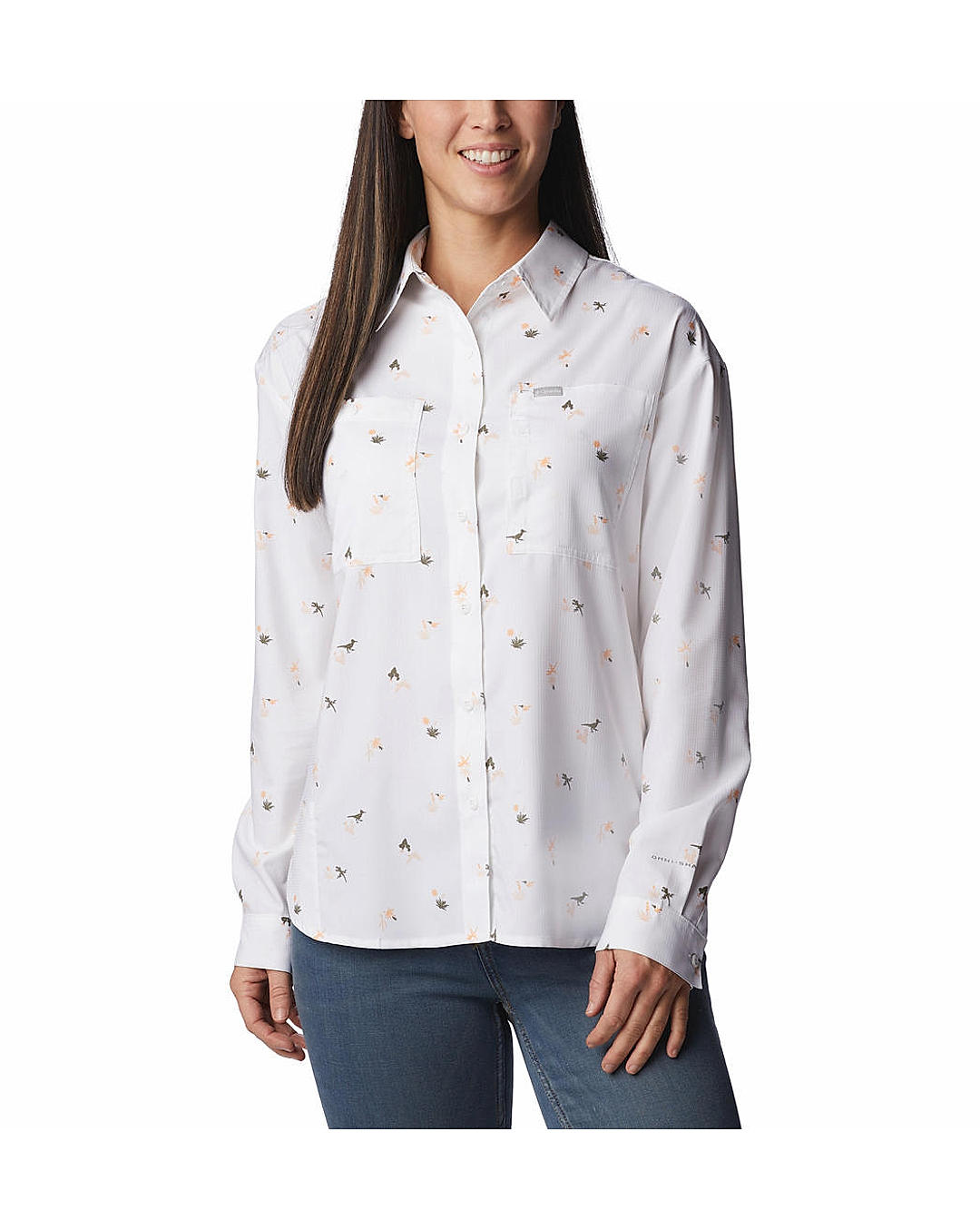 Columbia Womens White Omni-Shade Silver Ridge Utility Patterned Long Sleeve Shirt