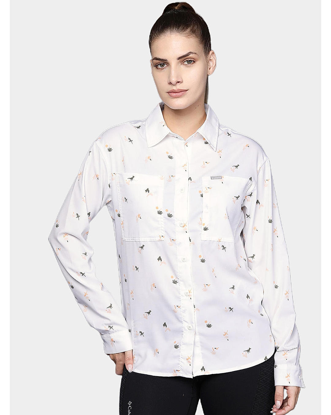 Columbia Womens White Omni-Shade Silver Ridge Utility Patterned Long Sleeve Shirt