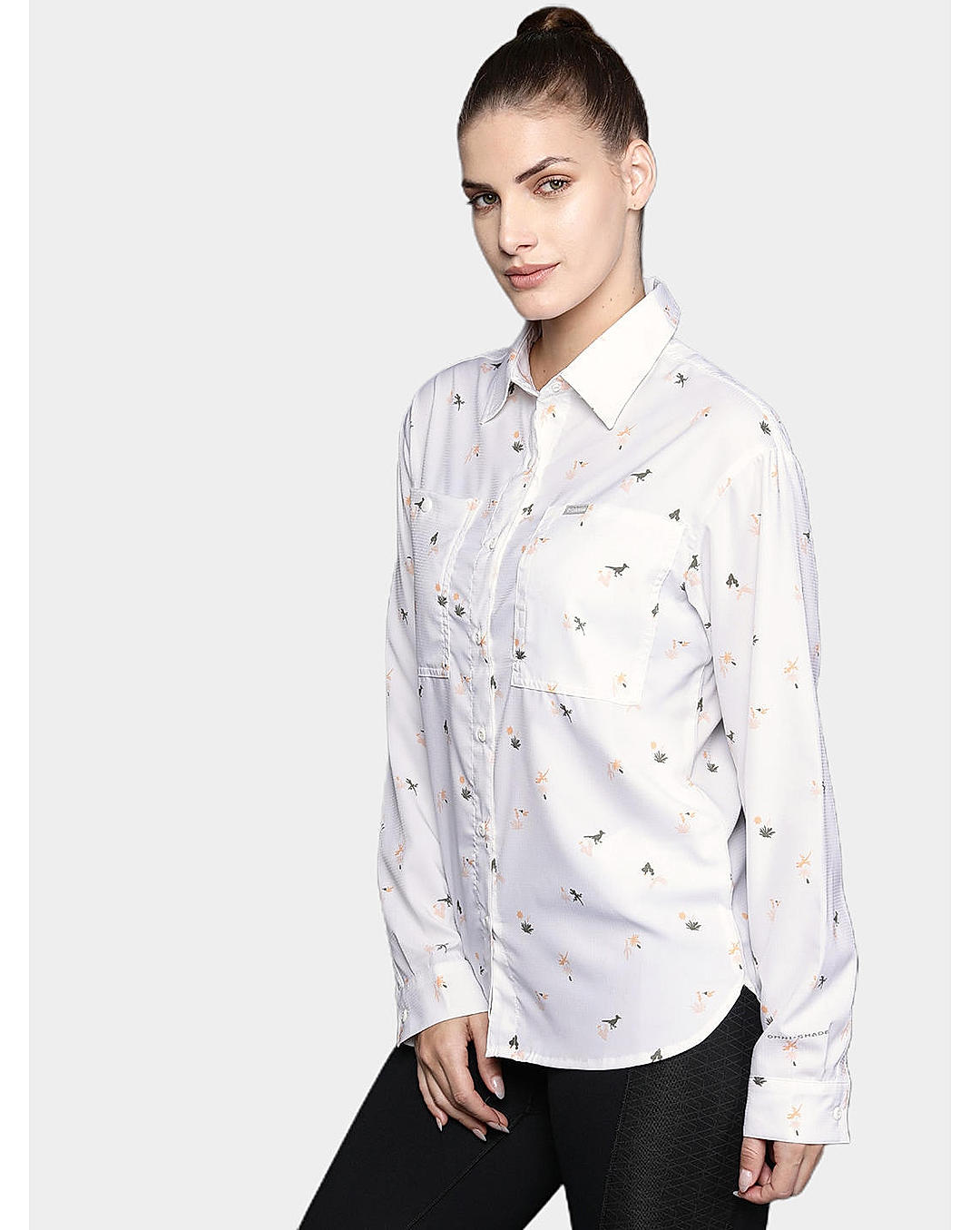 Columbia Womens White Omni-Shade Silver Ridge Utility Patterned Long Sleeve Shirt