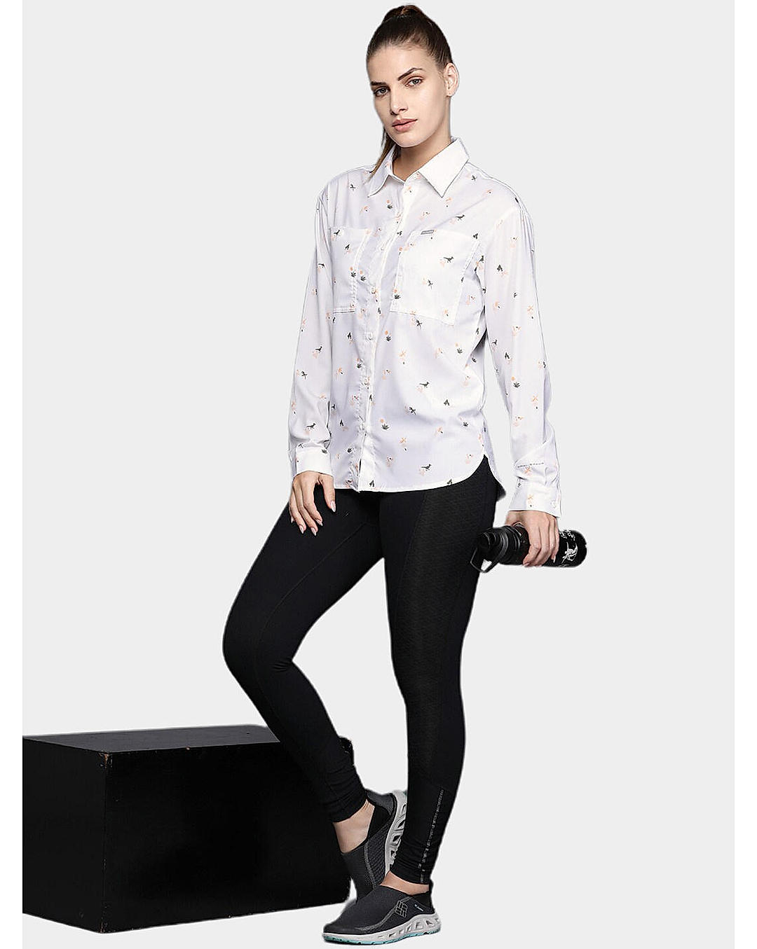 Columbia Womens White Omni-Shade Silver Ridge Utility Patterned Long Sleeve Shirt
