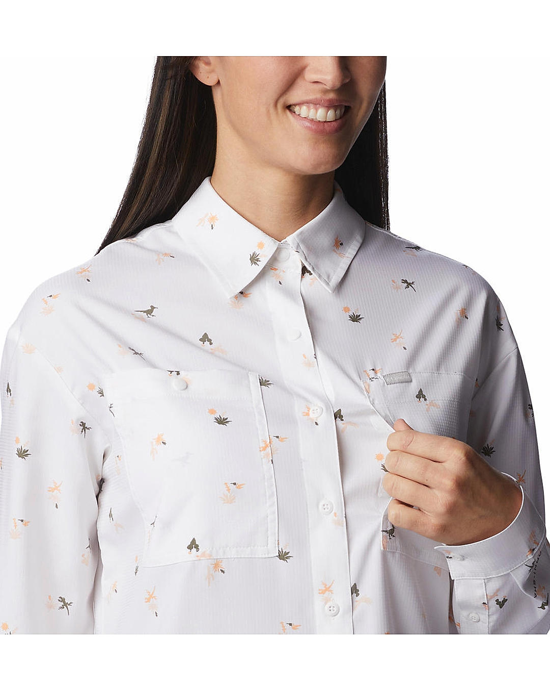Columbia Womens White Omni-Shade Silver Ridge Utility Patterned Long Sleeve Shirt