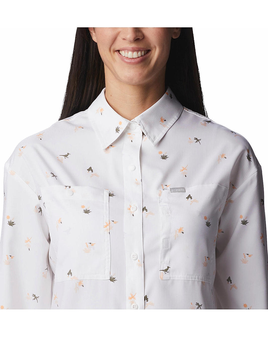 Columbia Womens White Omni-Shade Silver Ridge Utility Patterned Long Sleeve Shirt