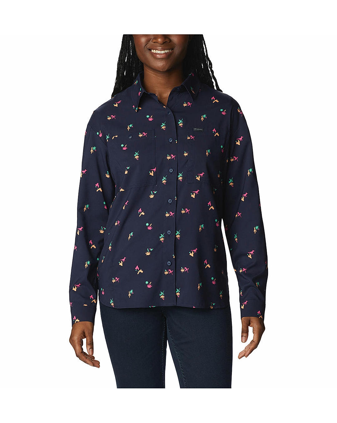 Columbia Womens Blue Omni-Shade Silver Ridge Utility Patterned Long Sleeve Shirt