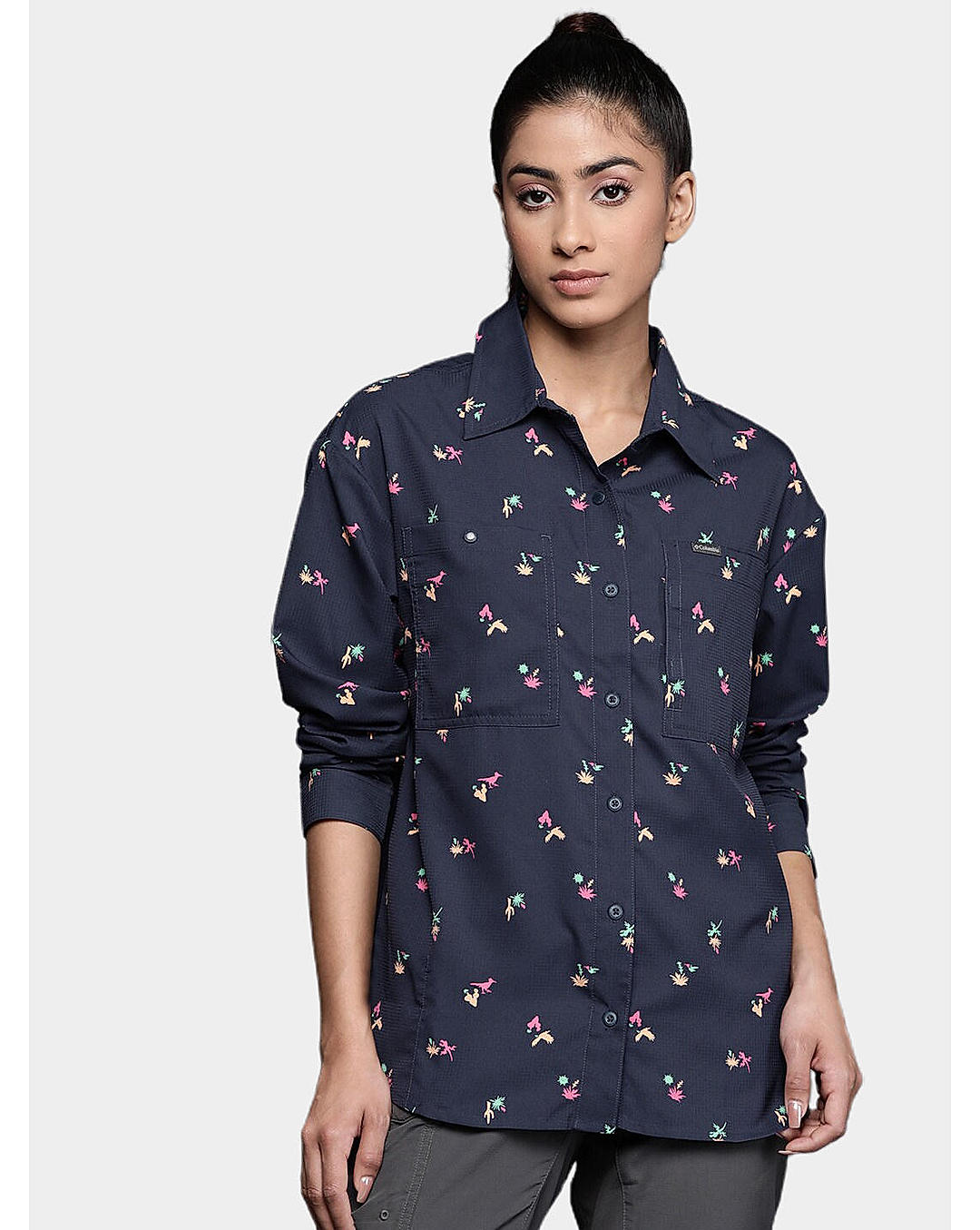 Columbia Womens Blue Omni-Shade Silver Ridge Utility Patterned Long Sleeve Shirt
