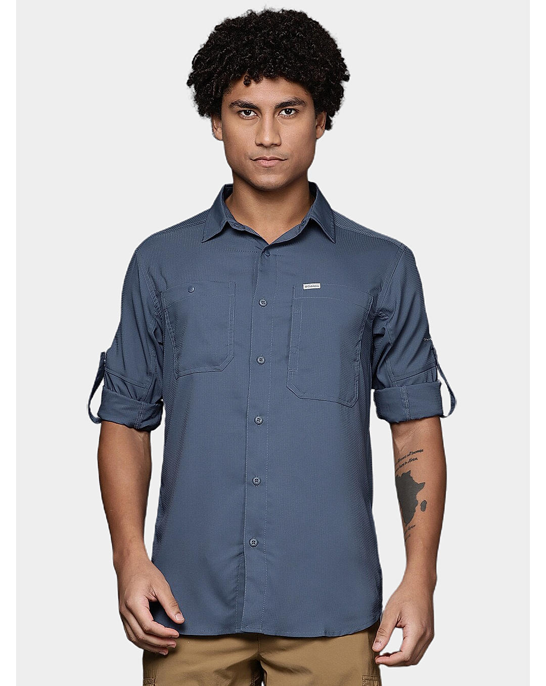 Columbia Mens Navy Omni-Shade Silver Ridge Utility Lite Long Sleeve Shirt