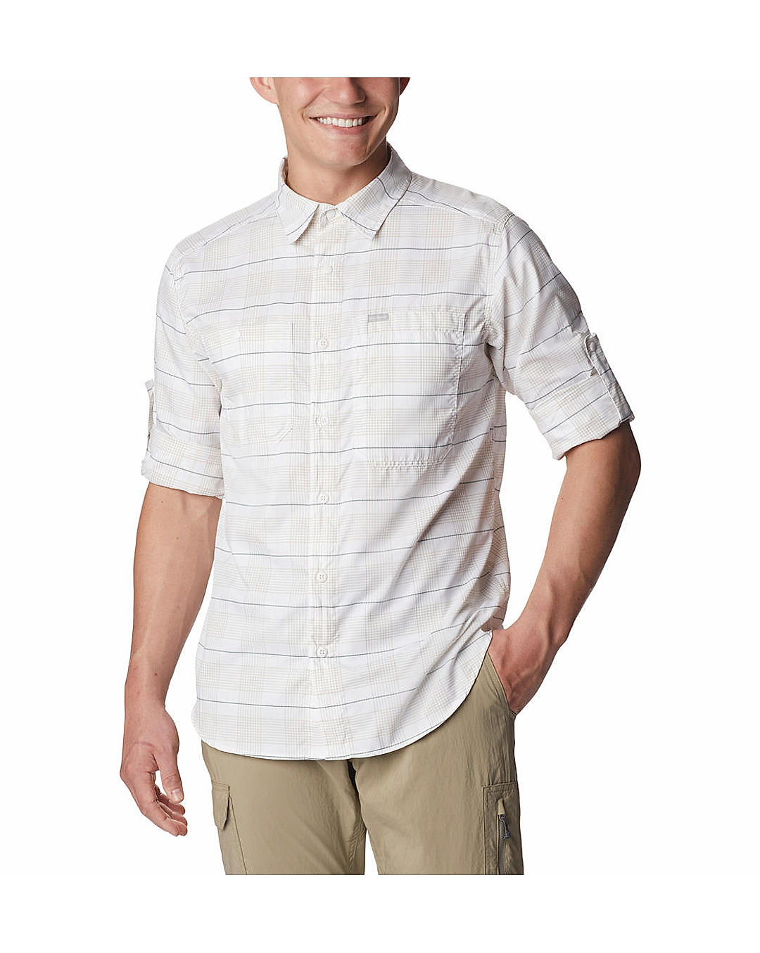 Columbia Mens White Omni-Shade Silver Ridge Utility Lite Plaid Long Sleeve Shirt