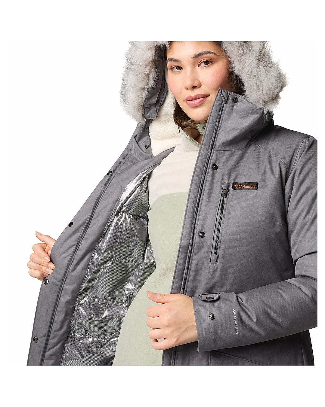 Columbia Womens Grey Omni-Heat Reflective Suttle Mountain Long Insulated Jacket