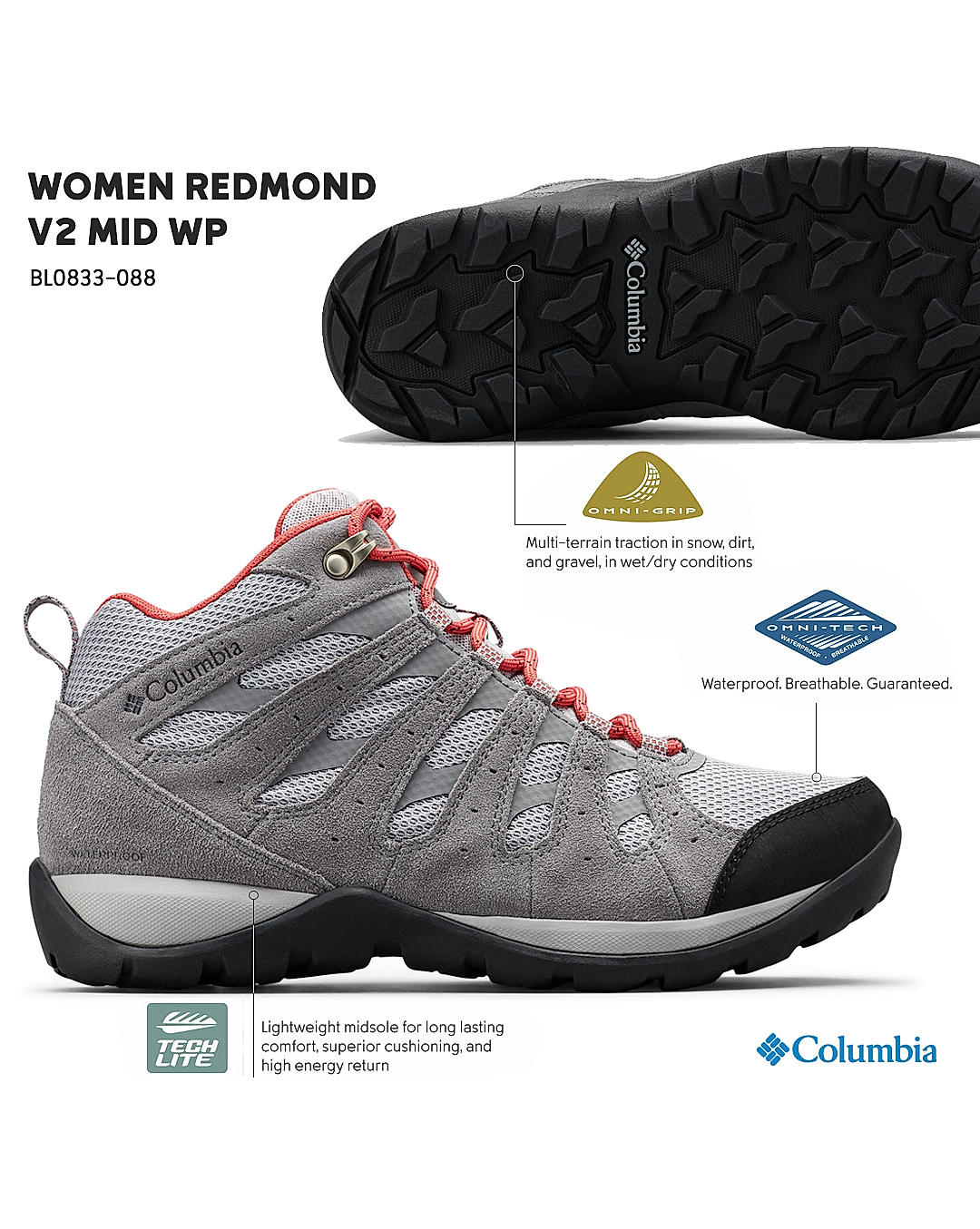 Columbia Women Grey REDMOND V2 MID Water Resistant Shoes