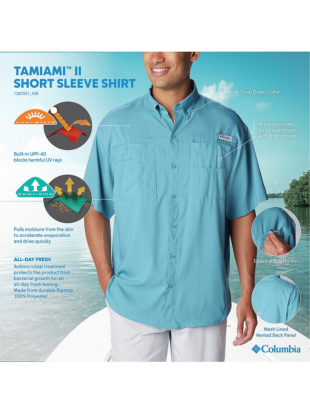 Columbia Mens Blue Omni-Wick Tamiami II Short Sleeve Shirt