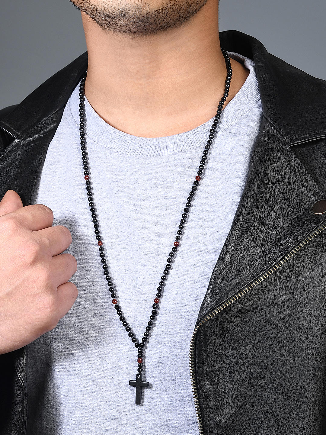 Buy Black Beaded Cross Charm Men Necklace Best Price 1587