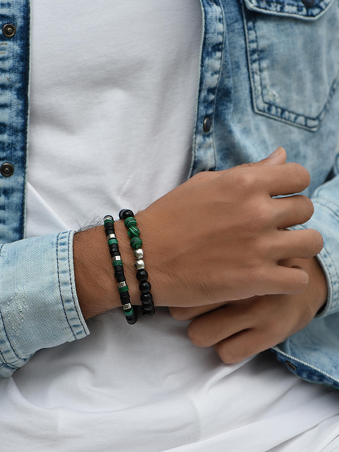 Shop by The Bro Code Black Green Multi Beads with Stretchy Elastic Adjustable Set of 2 Bracelets for Men