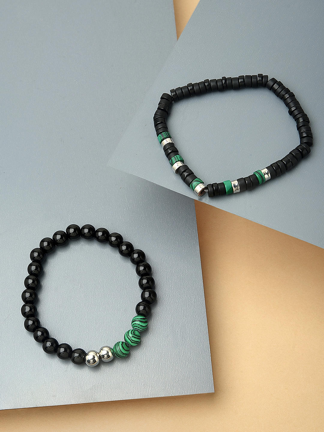 Shop by The Bro Code Black Green Multi Beads with Stretchy Elastic Adjustable Set of 2 Bracelets for Men