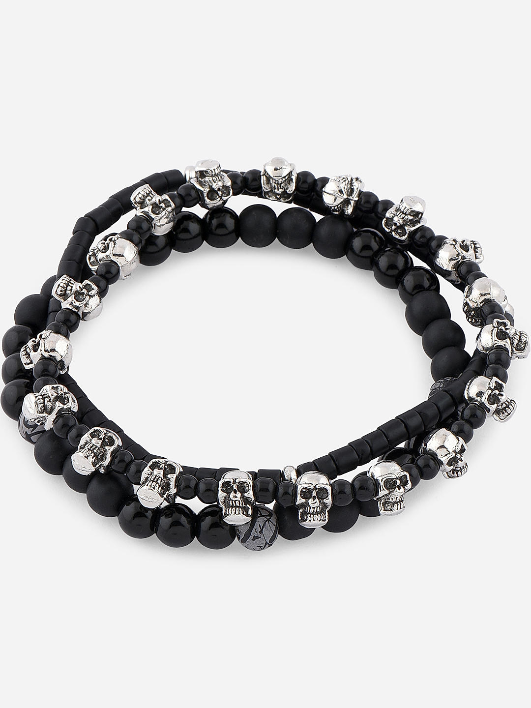 Shop by The Bro Code Black Multi Beads Skulls Stretchy Elastic adjustable Set of 3 Bracelets for Men