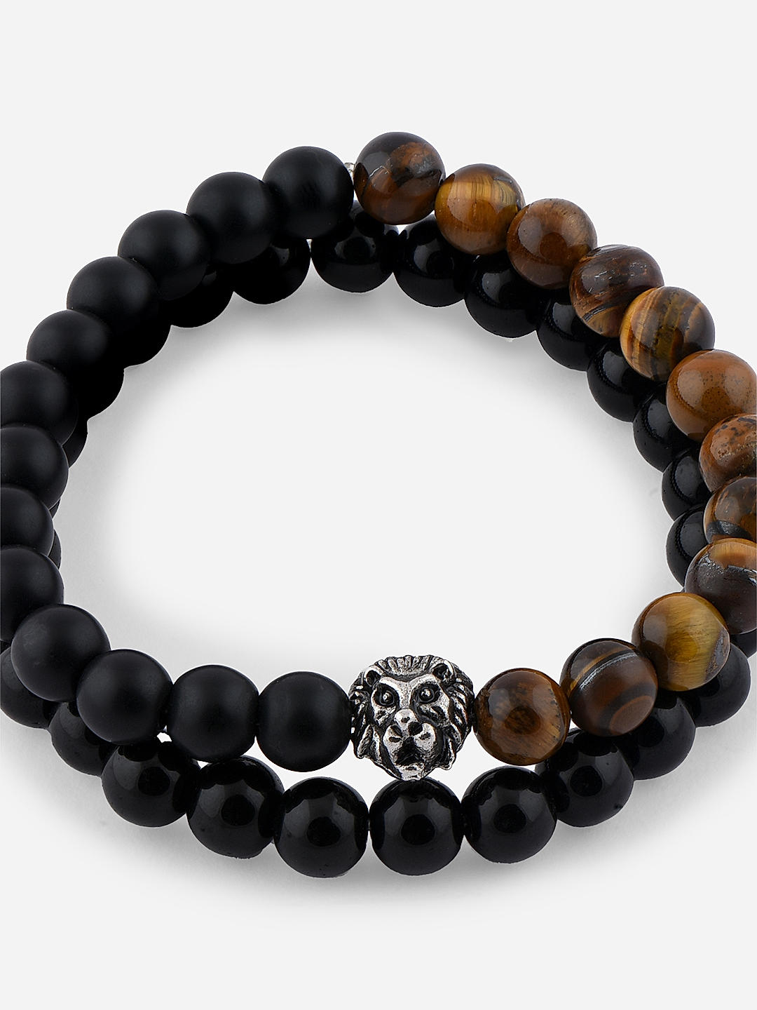 Shop by The Bro Code Black Brown Multi Beads Lion Stretchy Elastic Adjustable Set of 2 Bracelet for Men