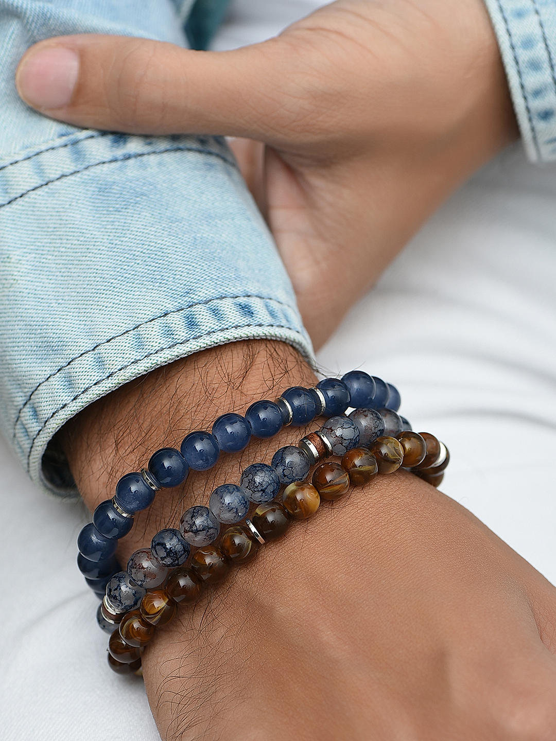 Shop by The Bro Code Blue and Brown Multi Beads with Stretchy Elastic Adjustable Set of 3 Bracelet For Men