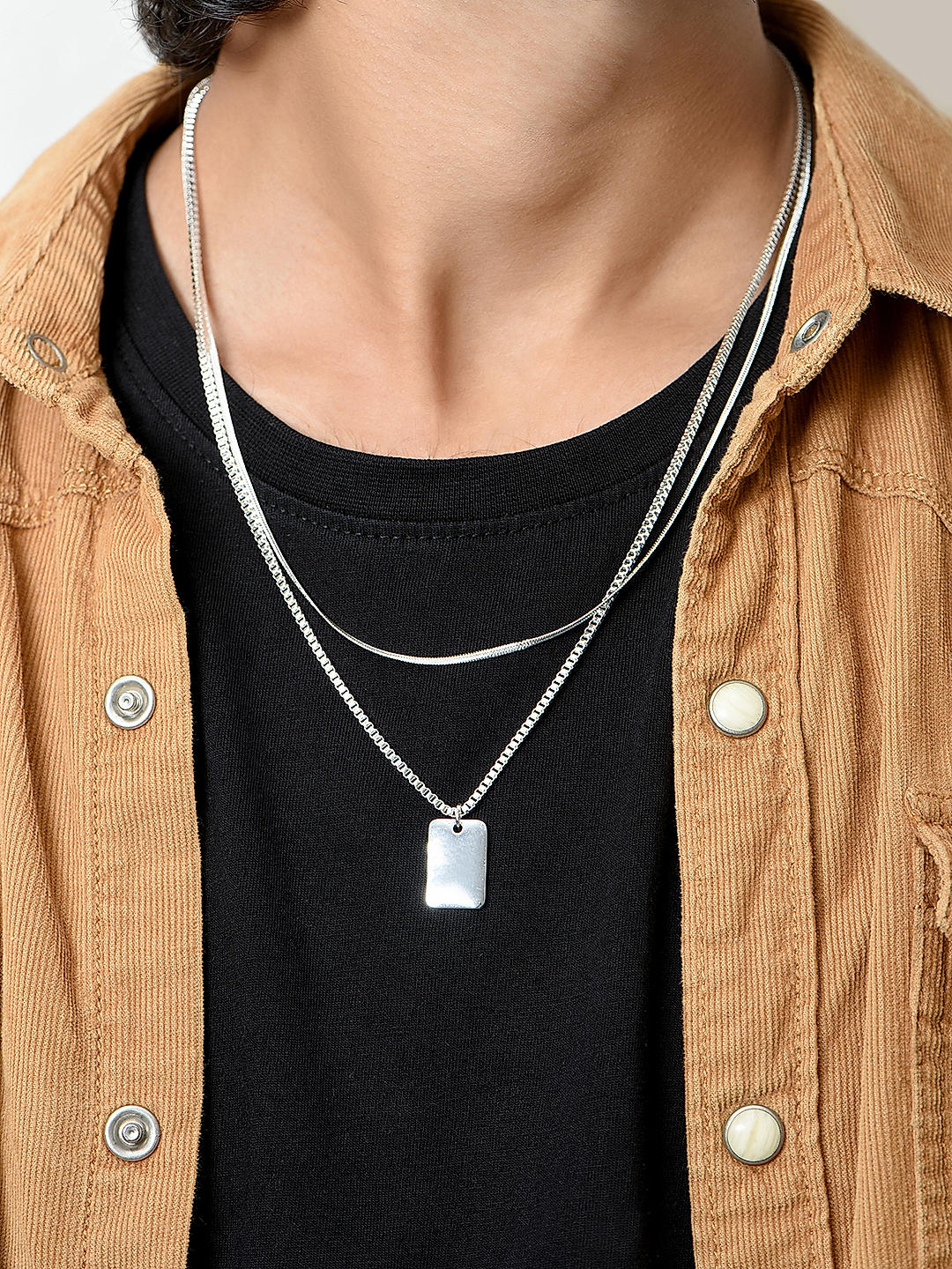 Shop by The Bro Code Silver Plated Geometric Shape Rectangle Shape Charm Box Chain Layered Necklace for Men