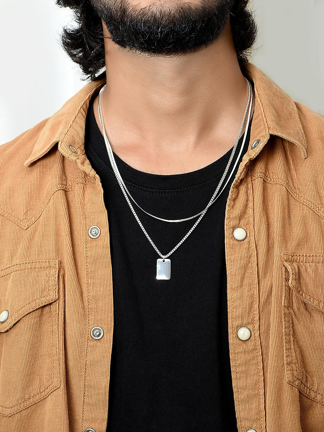 Shop by The Bro Code Silver Plated Geometric Shape Rectangle Shape Charm Box Chain Layered Necklace for Men
