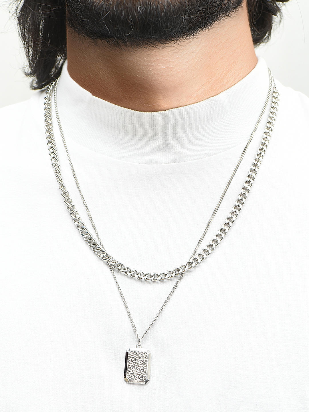 Shop by The Bro Code Silver Geometric Shape Fusion Look Alloy Cable and  Curb Chain Layered Necklace For Men