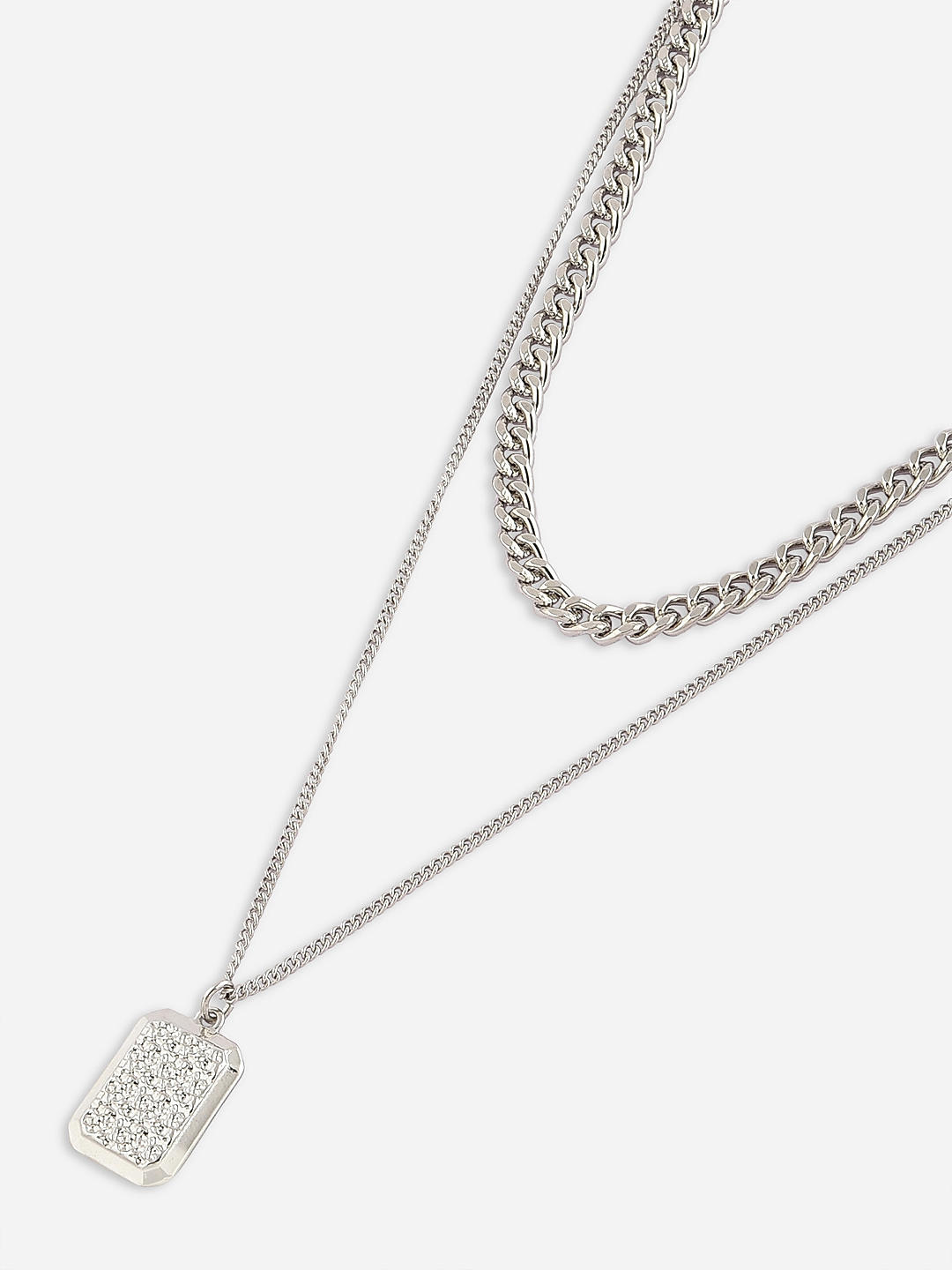 Shop by The Bro Code Silver Geometric Shape Fusion Look Alloy Cable and  Curb Chain Layered Necklace For Men