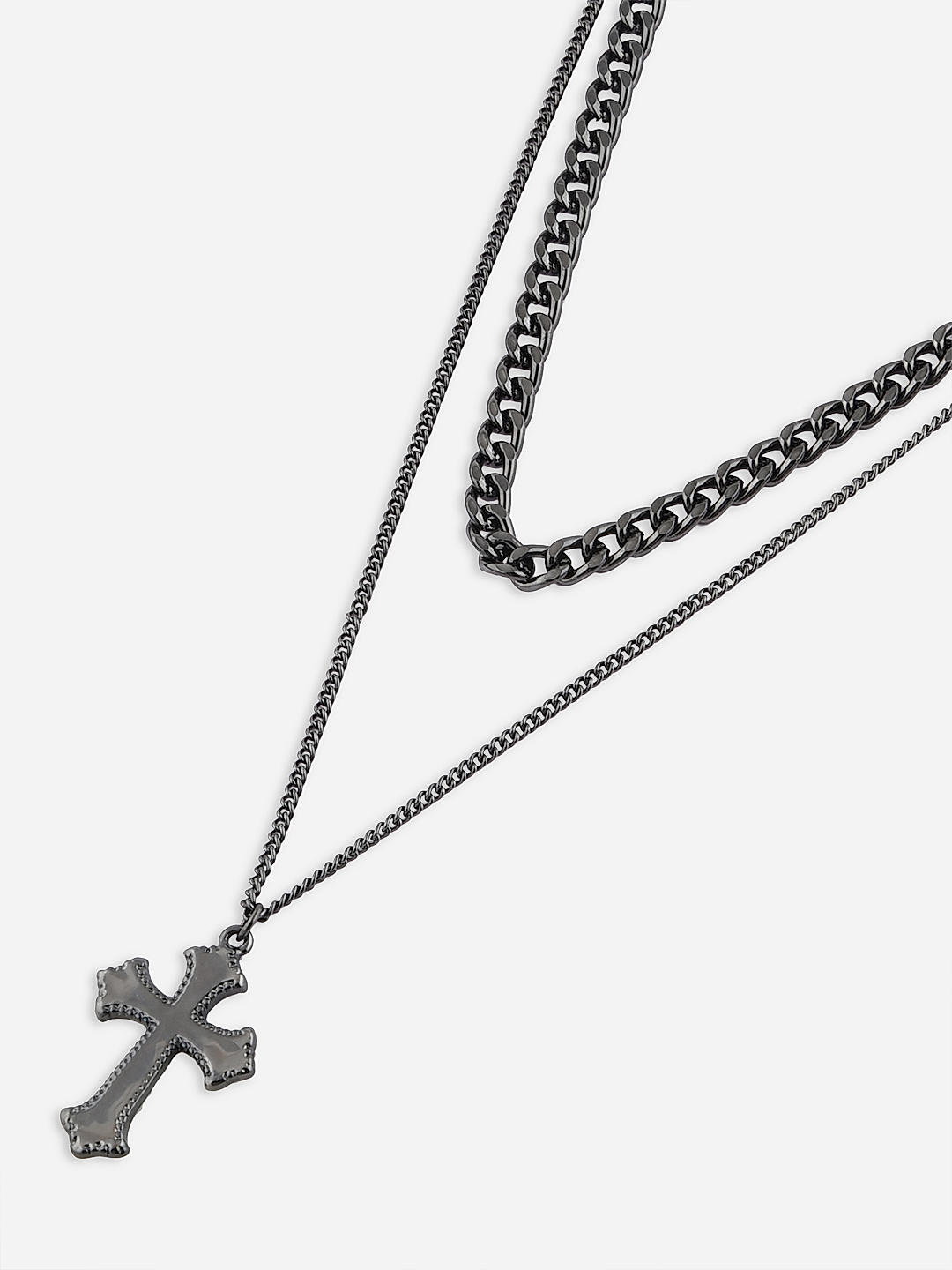 Shop by The Bro Code Gun Metal Holy Cross Fusion Look Alloy Cuban and Curb Layered Necklace For Men