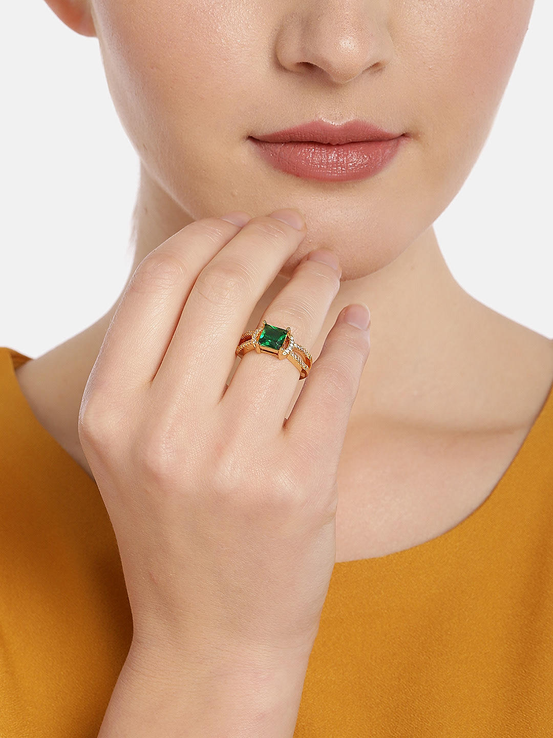 Gold Toned Green Stone Studded Finger Ring